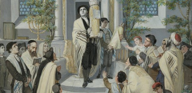 Historische Joodse bijeenkomst met rabbijn en gelovigen in een synagoge, symboliseert de traditie en gemeenschap binnen Beit Ha’Chidush.