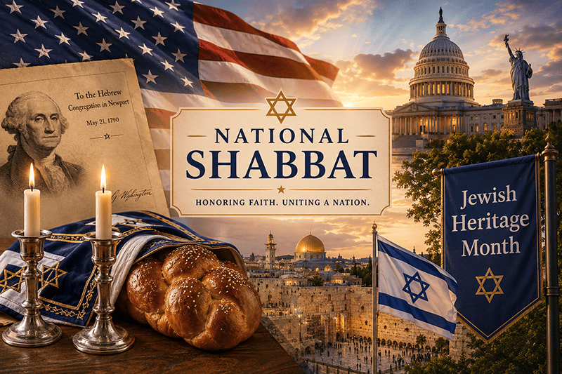 Amerikaanse vlag, Joodse erfgoed maand en het Capitool in Washington D.C. met symbolen van de nationale sjabbat en tradities, benadrukken de viering van Joodse cultuur en geloof.